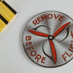 Classic Vintage Fridge Magnet Remove Before Flight Silver Maroon 3 Blade Propeller with Epaulettes