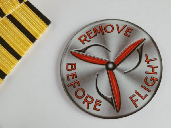 Classic Vintage Fridge Magnet Remove Before Flight Silver Maroon 3 Blade Propeller with Epaulettes