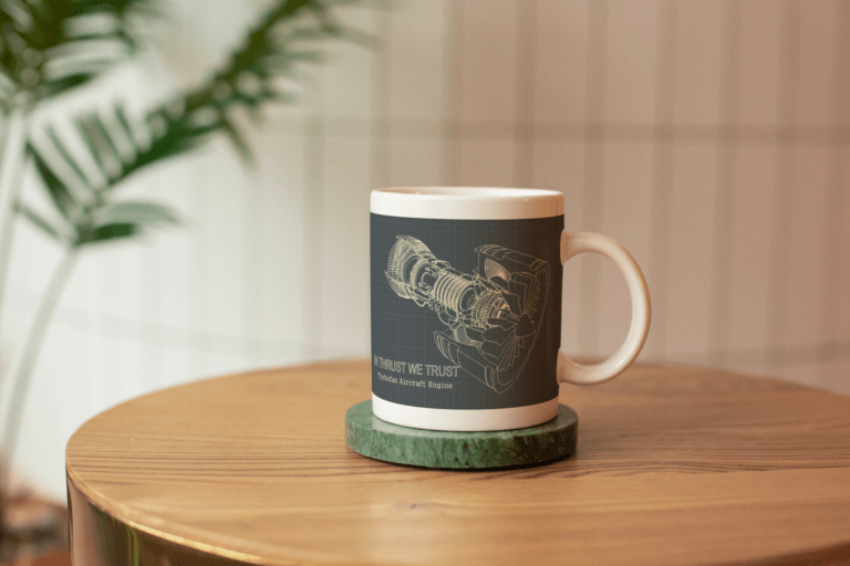 Image of Ceramic Mug standing on the green coaster on the round wooden coffee table In Thrust We Trust Mock Up