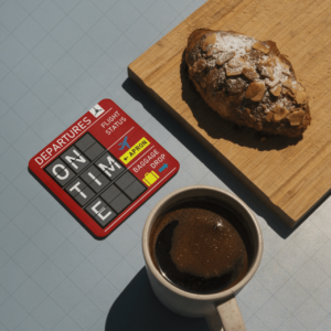 Image of Coaster with the cup of coffee and croissant Coasters Set Flight Board On Time