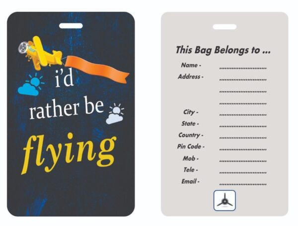 Image of Luggage Tag with quote I'd rather be flying with back for Name, Address etc