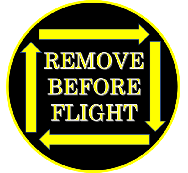 Image of Pin Badge 'Remove Before Flight' Black Yellow with Arrows