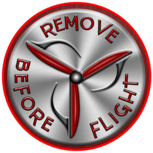 Image of Pin Badge 'Remove Before Flight' Silver Red Metallic with 3 Blade Prop