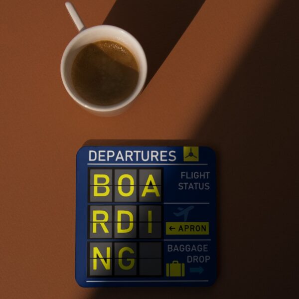 Mockup Image with Coffee Mug of Departures Flight Board 'Boarding' 4-Pack Coasters Set Navy Blue