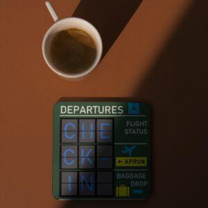 Mockup Image with Coffee Mug of Departures Flight Board 'Check-In' 4-Pack Coasters Set Green