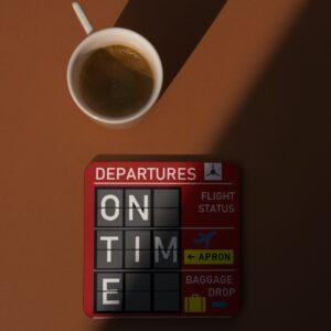 Mock up Image with Coffee Mug of Departures Flight Board 'On-Time' 4-Pack Coasters Set Red