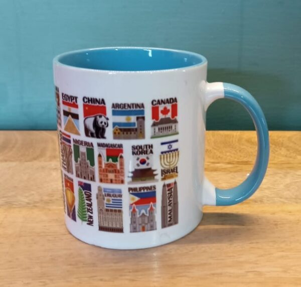 Image of Ceramic Mug with Tourist Flags of Various Countries Light Blue