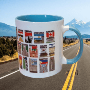 Ceramic Mug with Tourist Flags of Various Countries Light Blue with scenic Background