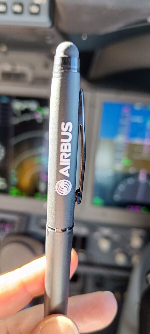 Matt Black Stylus-Pen-with-Airbus-Branding-on-Cockpit-Background-scaled